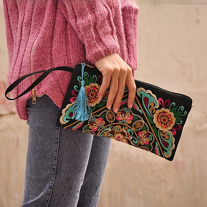 Embroidered Tassel Clutch