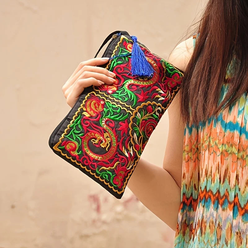 Embroidered Tassel Clutch