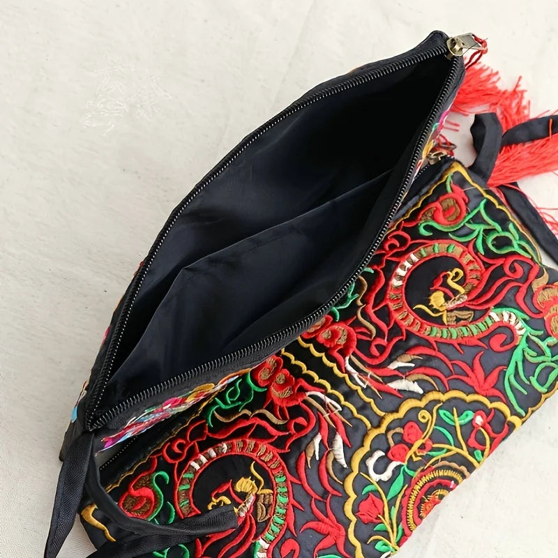 Embroidered Tassel Clutch