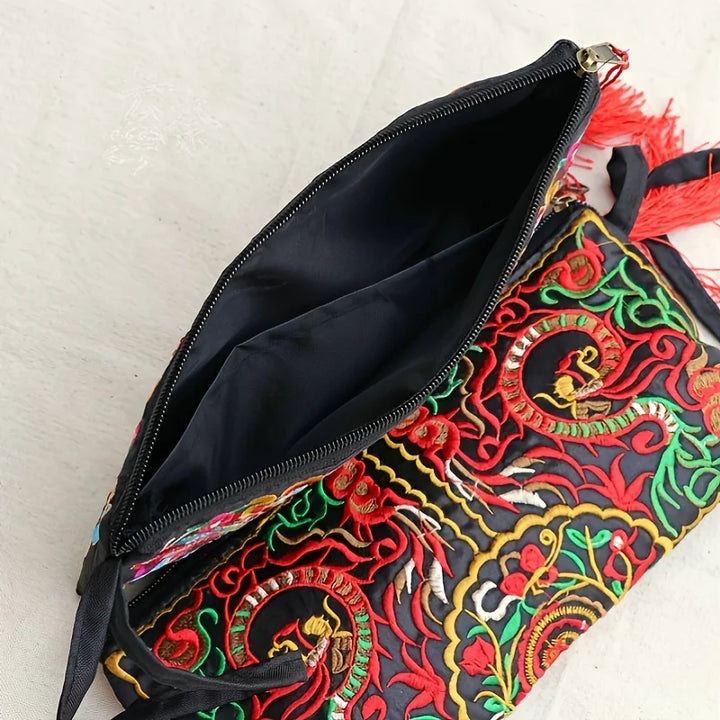 Embroidered Tassel Clutch