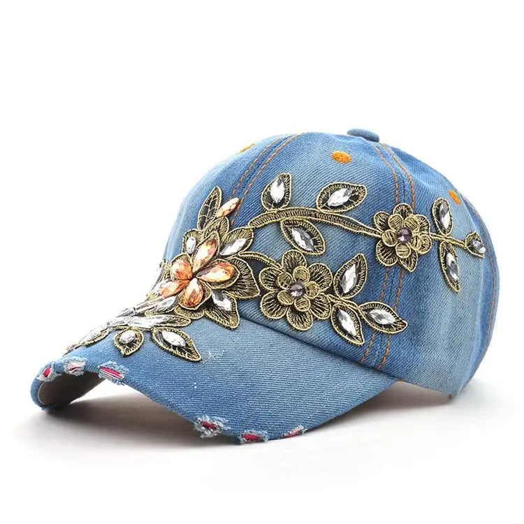 Jeweled Wildflower Denim Cap
