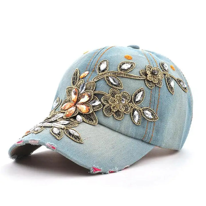 Jeweled Wildflower Denim Cap